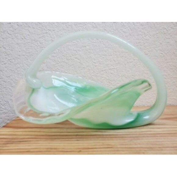 VTG Sooner Student Art Glass Bowl Basket Centerpiece Hand Blown White Green 9" - Picture 7 of 9